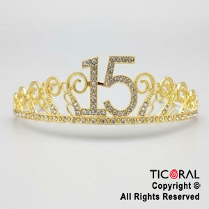 TIARA CORONA 15 A�OS METAL ORO CON STRASS X 1